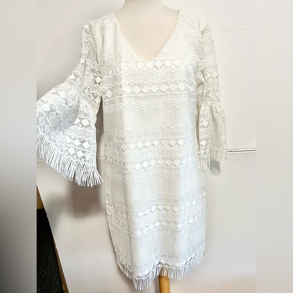 Trina Turk NWT dress  Aztec midi lacy bell sleeves wedding guest size 10 Ivory